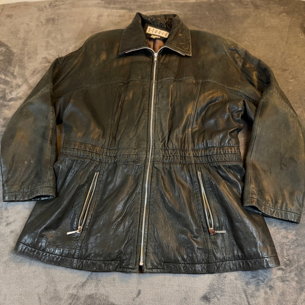Studio Siena Vintage Black Leather Thinsulate Insulated Zip Jacket Womens Large